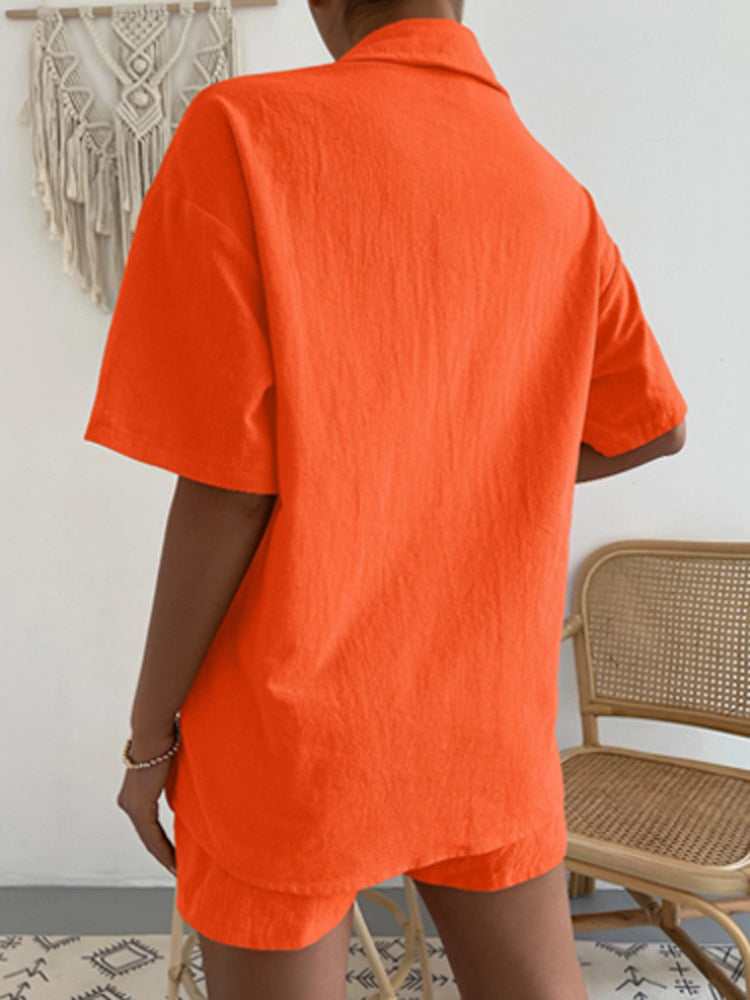 Cotton Linen Two Piece Button T-shirt Elastic Waist Shorts Set