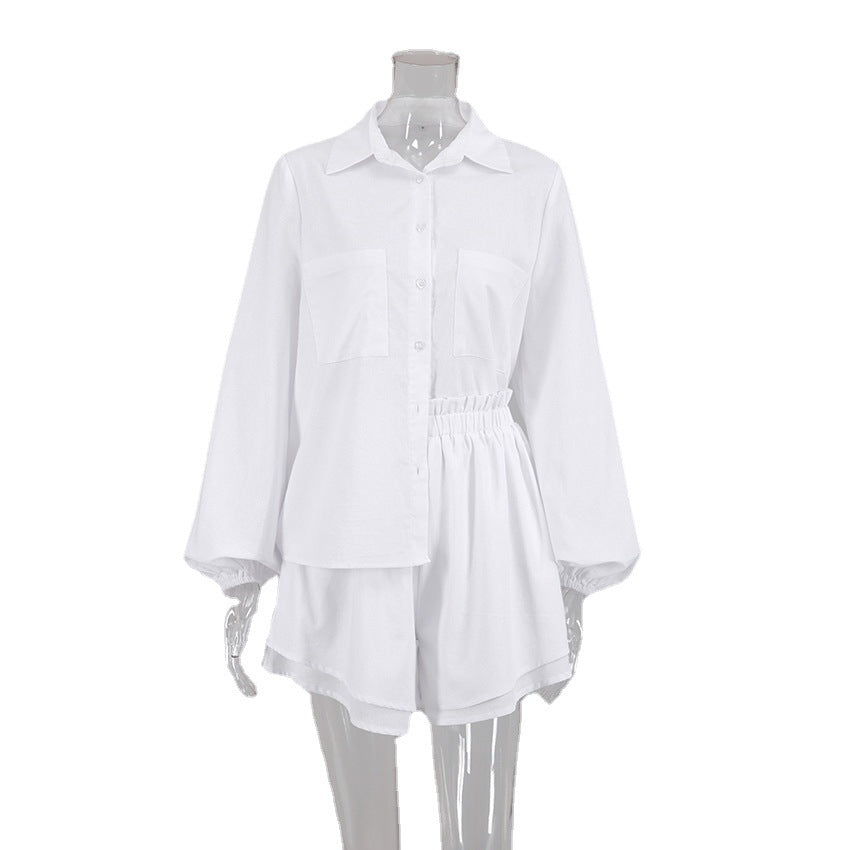 Cotton and Linen Short Sleeve Blouse with Ruffled Shorts Two-Piece Set