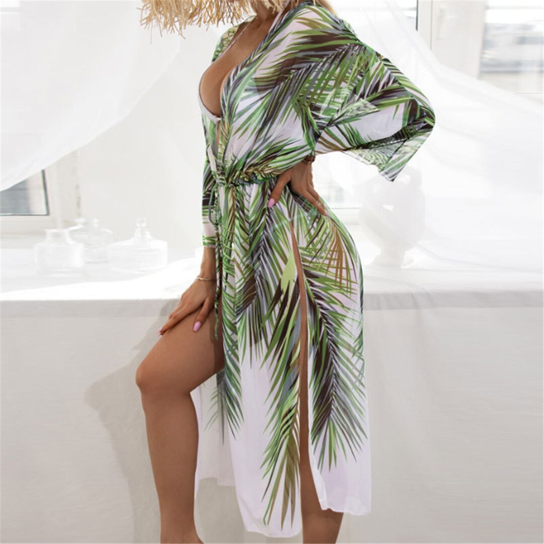 The Leafy Long Sleeve Tunic Beach Cover-Up